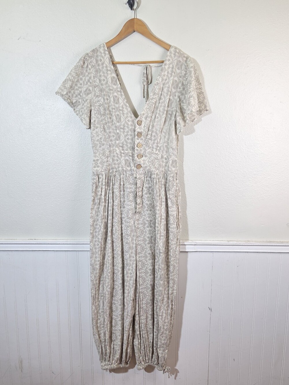 Free People 100% Cotton Geometric Print Button Front V Neck Boho Jumpsuit Size L